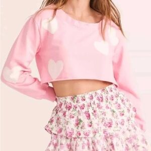 Loveshackfancy Pink Heart Distressed Crewneck Sweatshirt